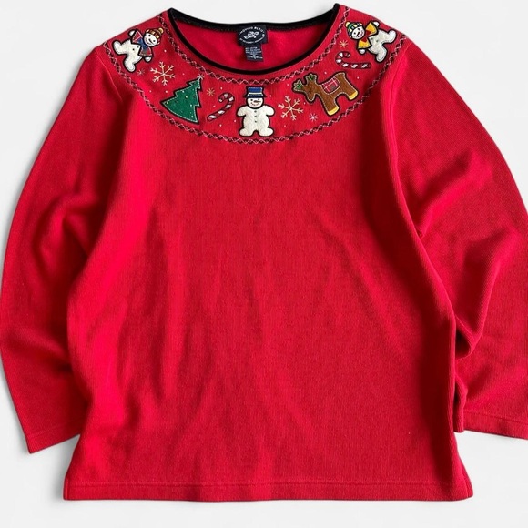 Designers Originals Tops - Vintage Moving Bleu Red Ribbed Long Sleeve Shirt  Embroidered Christmas Designs